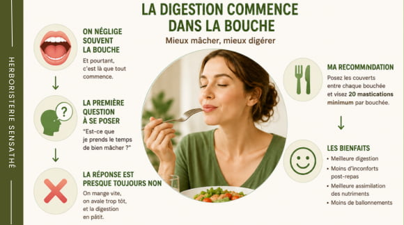Infographie sur la mastication et le rôle de la bouche dans une meilleure digestion naturelle - Herboristerie Sensathé Infographie sur la mastication et le rôle de la bouche dans une meilleure digestion naturelle - Herboristerie Sensathé